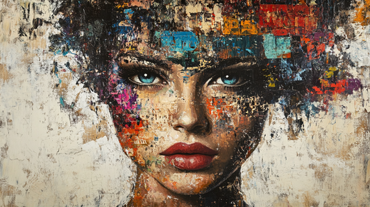 Abstract portrait painting of a woman with vivid facial features and colorful textured brushstrokes, blending realism and modern art styles on a distressed background.