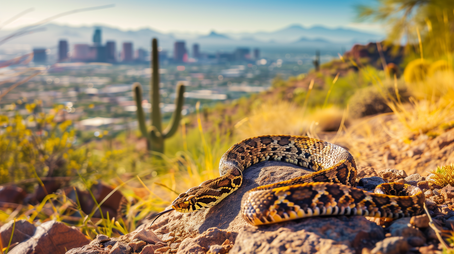 Urban Oasis - Diamondback Rattlesnake and Cityscape on Aluminum Metal Frame - HighAZCreations