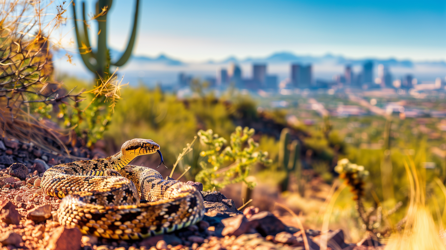 Desert Jewel - Diamondback Rattlesnake with City View on Aluminum Metal Frame - HighAZCreations