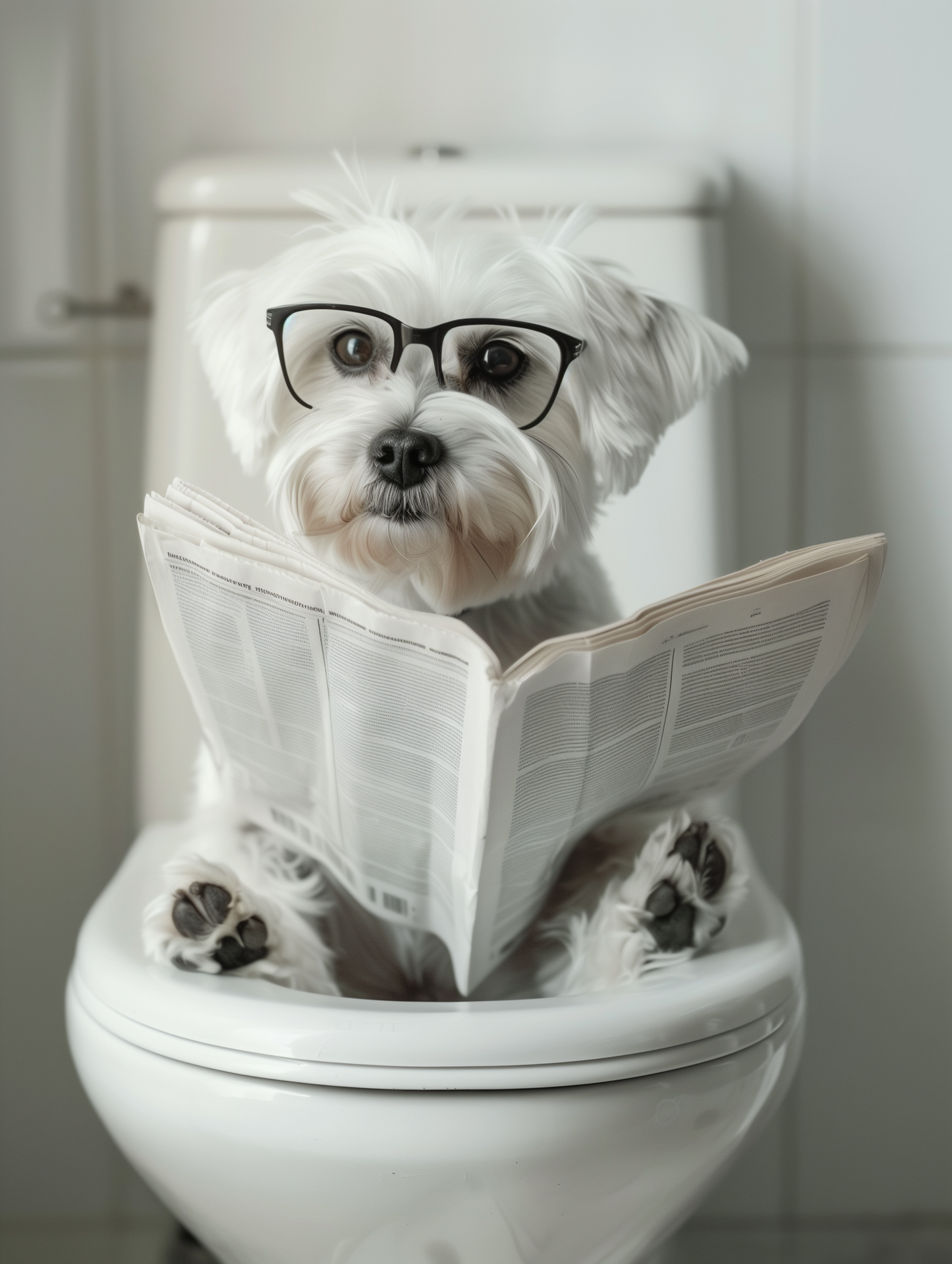 Morning Routine - Maltese Dog with Newspaper on Aluminum Metal Frame - HighAZCreations