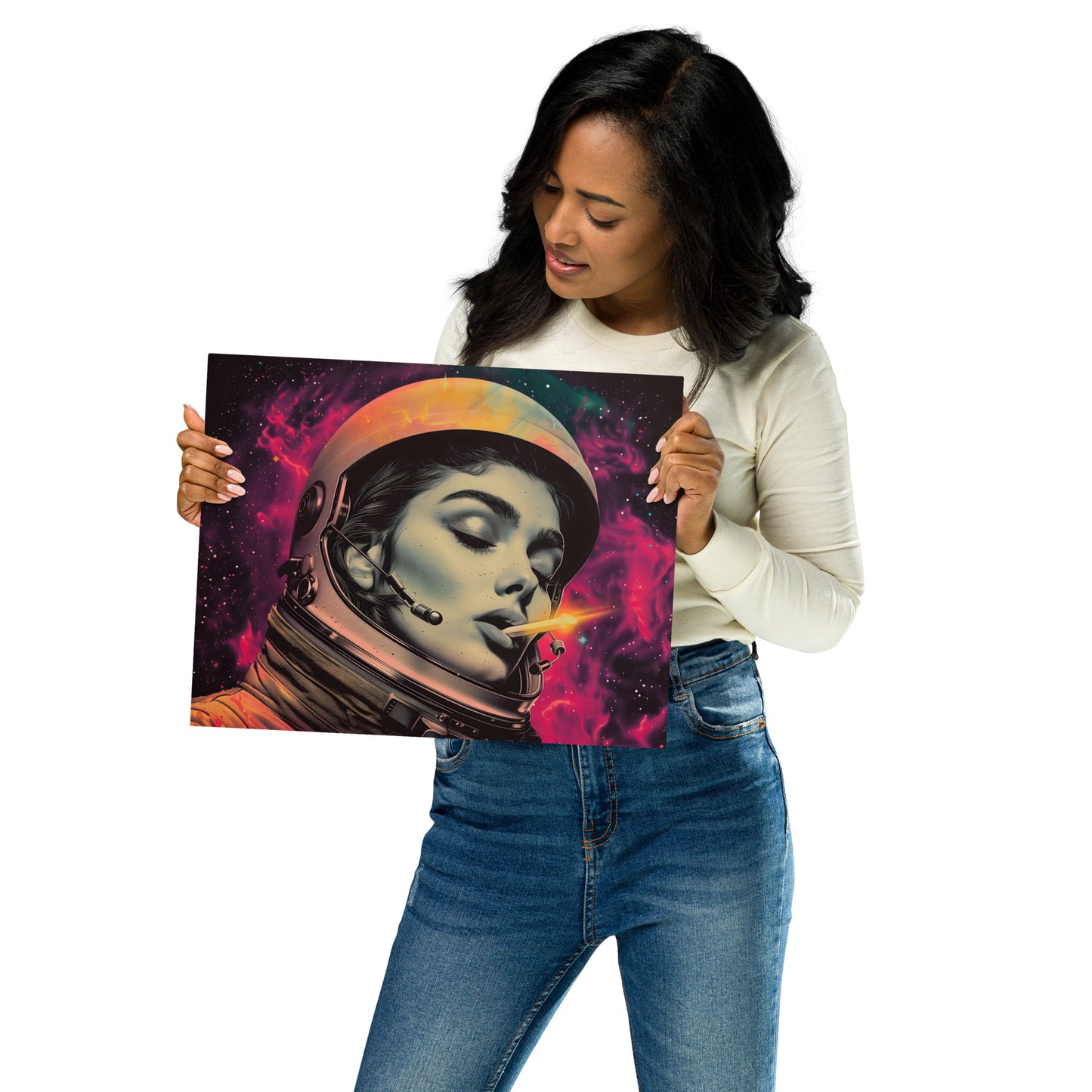 Mystical Female Astronaut Aluminum Wall Art - High-Detail Print for Space and Sci-Fi Enthusiasts - HighAZCreations