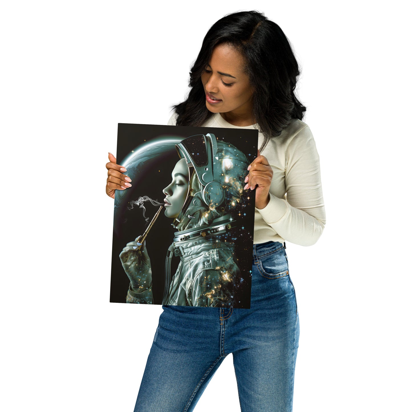 Mystical Female Astronaut Artwork - High-Detail Space Print for Modern Home Decor (Vertical) - HighAZCreations