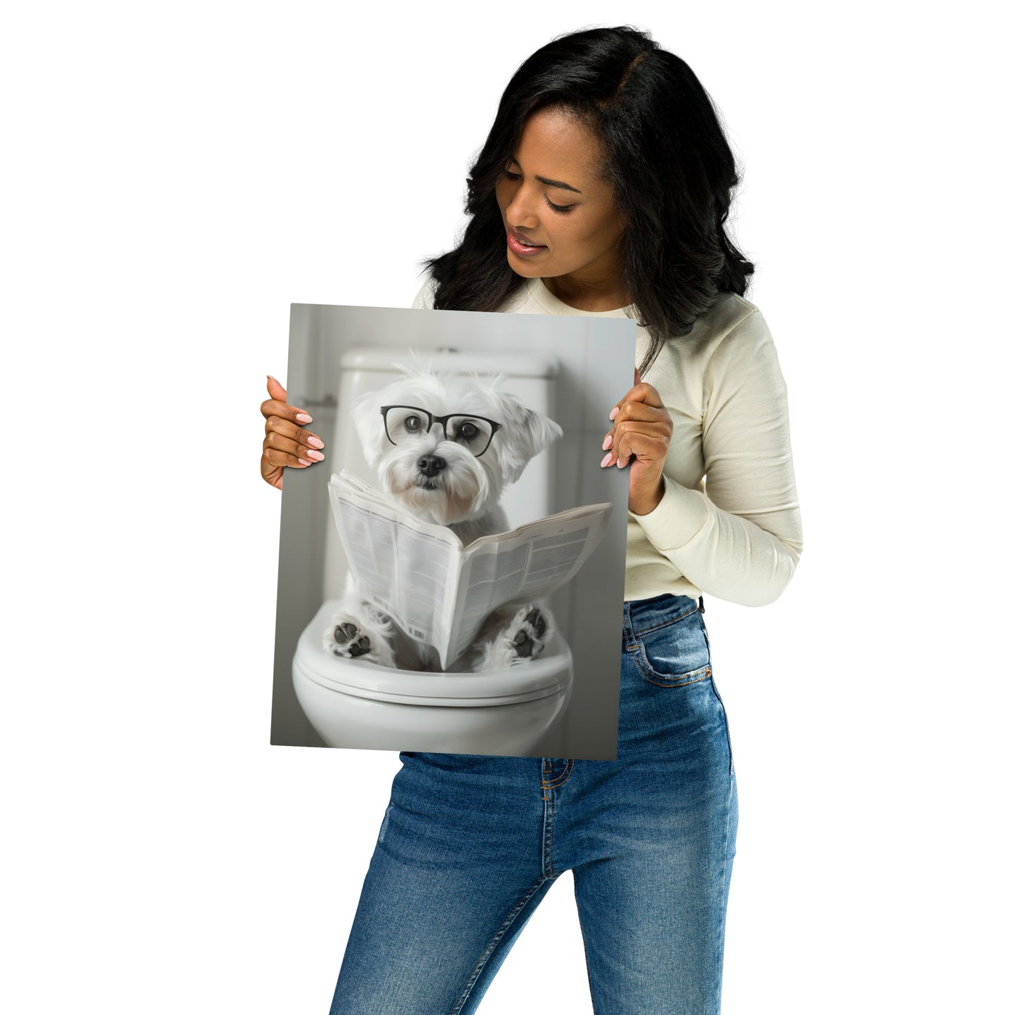 Morning Routine - Maltese Dog with Newspaper on Aluminum Metal Frame - HighAZCreations