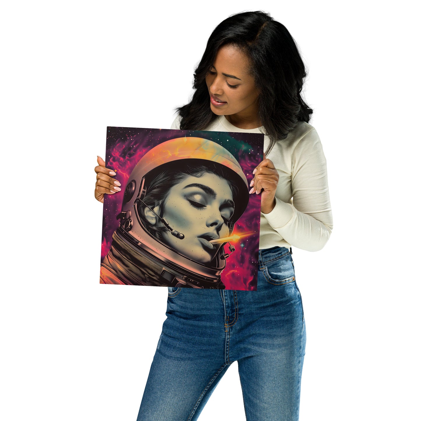 Mystical Female Astronaut Aluminum Wall Art - High-Detail Print for Space and Sci-Fi Enthusiasts - HighAZCreations