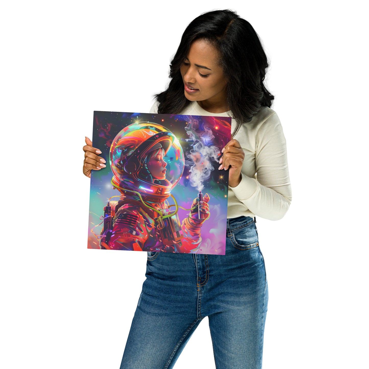 Vibrant Female Astronaut Aluminum Wall Art - High-Detail Cosmic Print for Space Enthusiasts - HighAZCreations