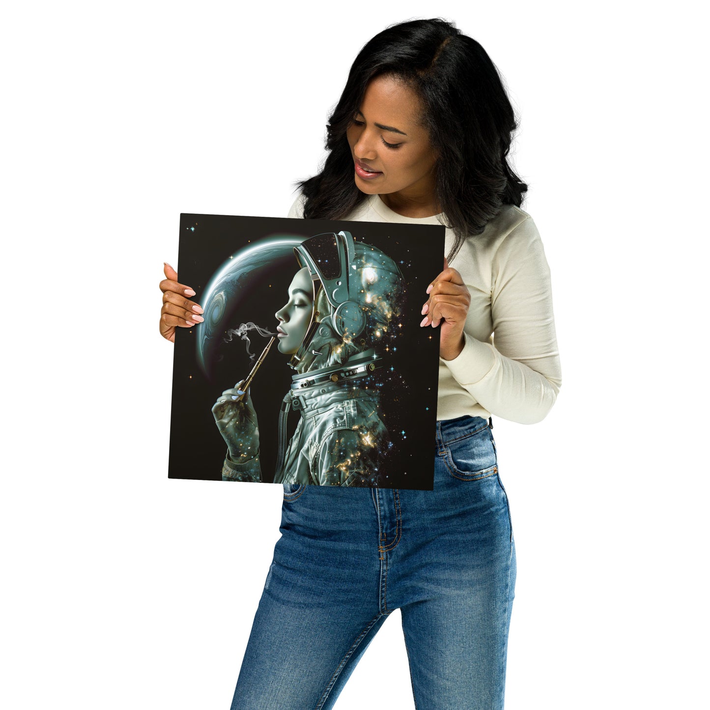 Mystical Female Astronaut Artwork - High-Detail Space Print for Modern Home Decor (Vertical) - HighAZCreations