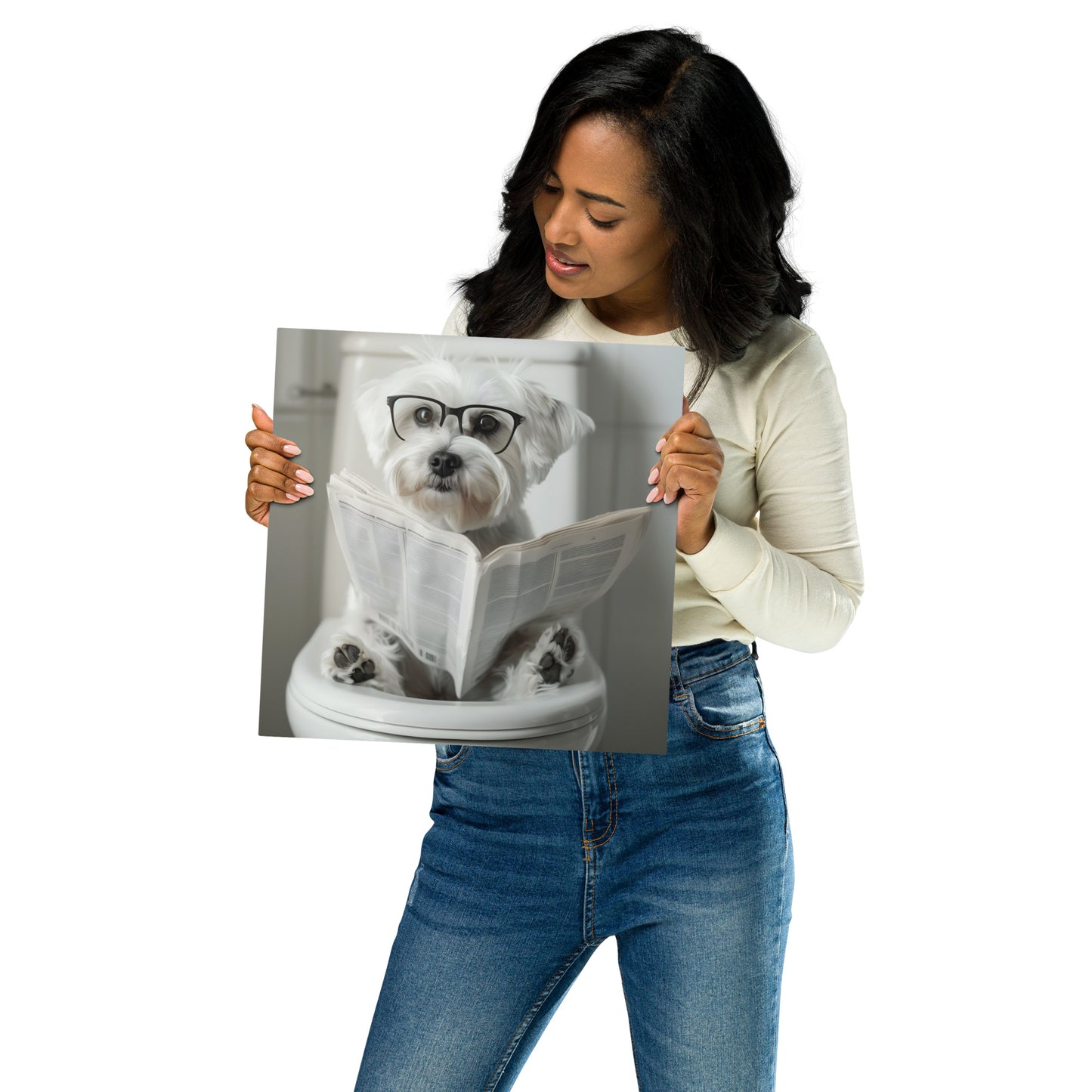 Morning Routine - Maltese Dog with Newspaper on Aluminum Metal Frame - HighAZCreations