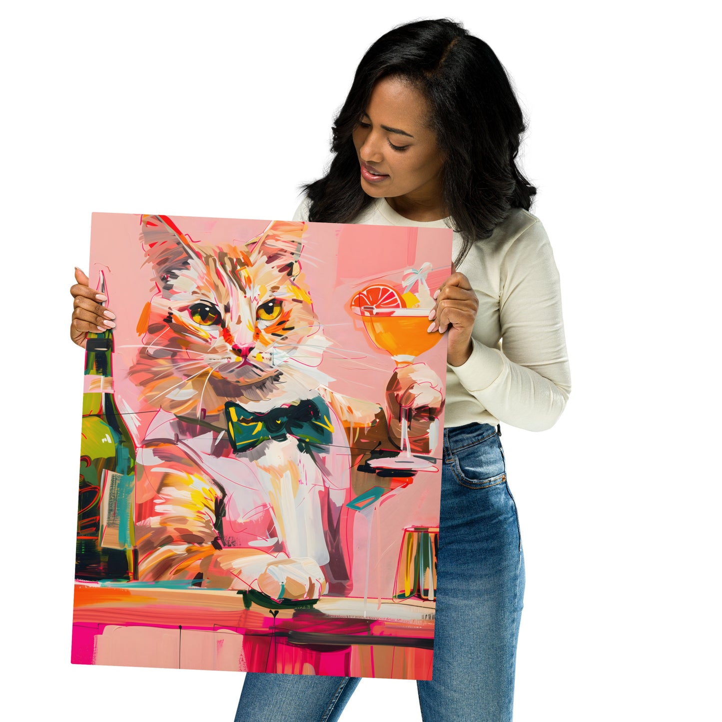 Whimsical Pink Cat Aluminum Wall Art - High-Detail Vibrant Animal Print for Modern Home Decor - HighAZCreations