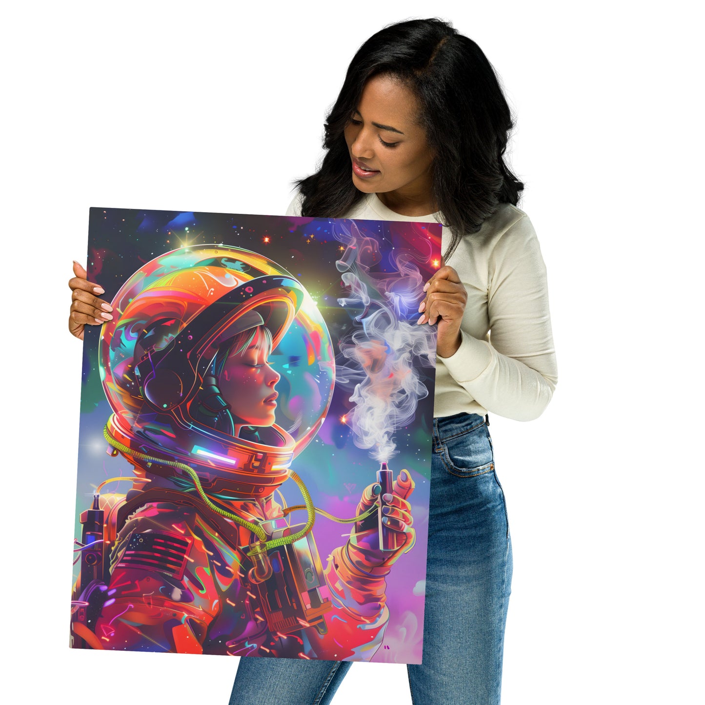 Vibrant Female Astronaut Aluminum Wall Art - High-Detail Cosmic Print for Space Enthusiasts - HighAZCreations