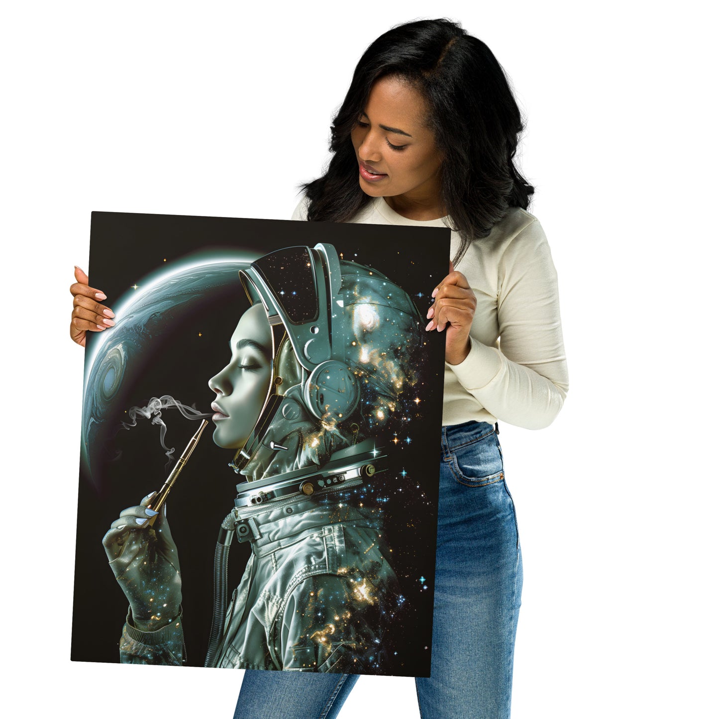 Mystical Female Astronaut Artwork - High-Detail Space Print for Modern Home Decor (Vertical) - HighAZCreations