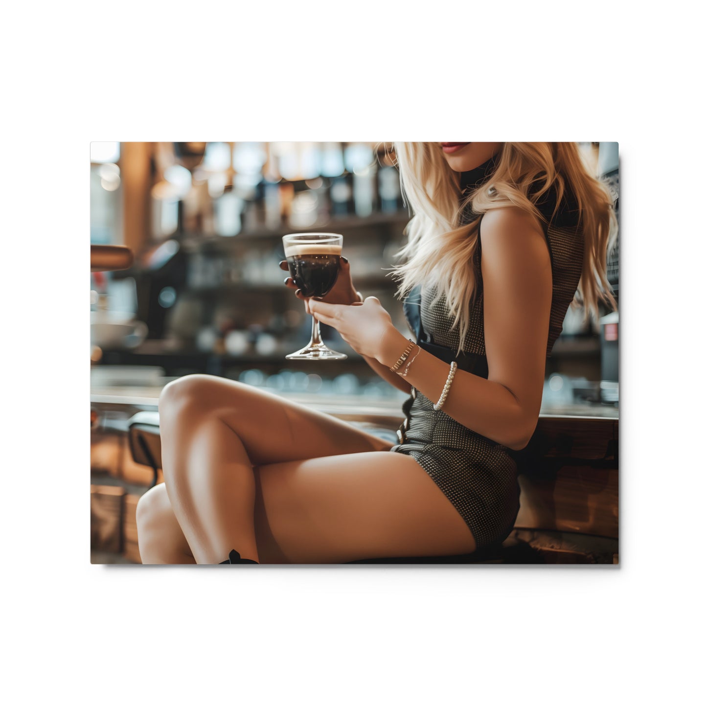 Sophisticated Bar Scene Wall Art on Aluminum Frame - Blonde Business Woman - HighAZCreations