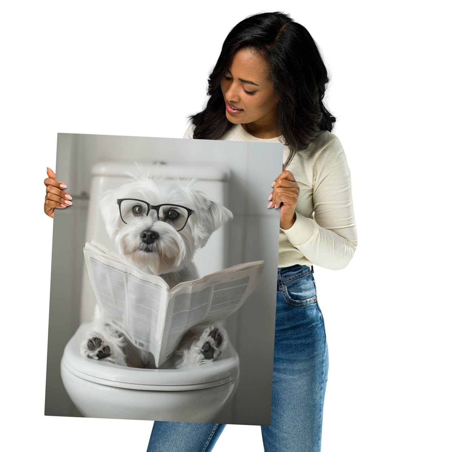 Morning Routine - Maltese Dog with Newspaper on Aluminum Metal Frame - HighAZCreations
