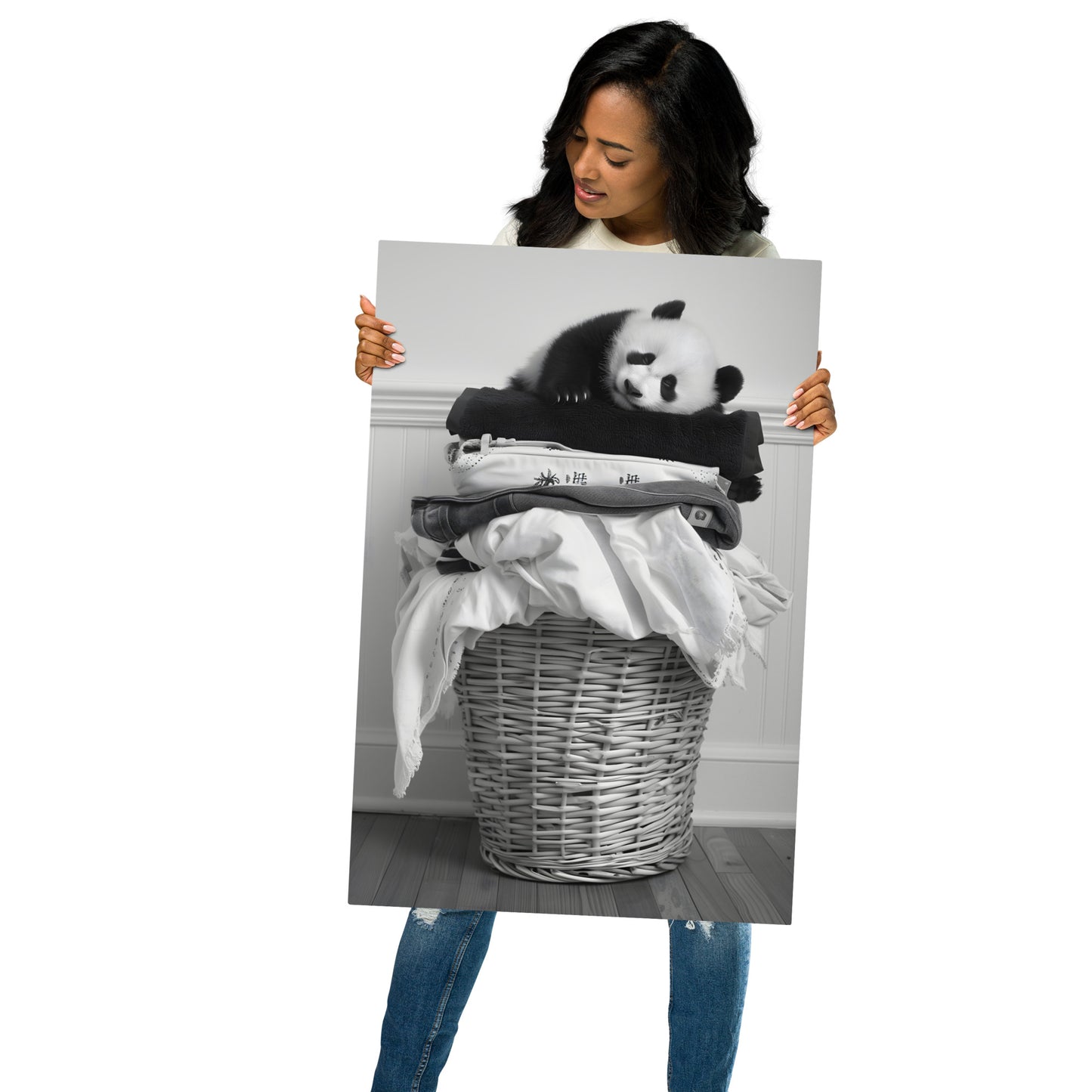 Adorable Panda on Laundry Basket Aluminum Wall Art - High-Detail Black and White Print for Home Decor - HighAZCreations