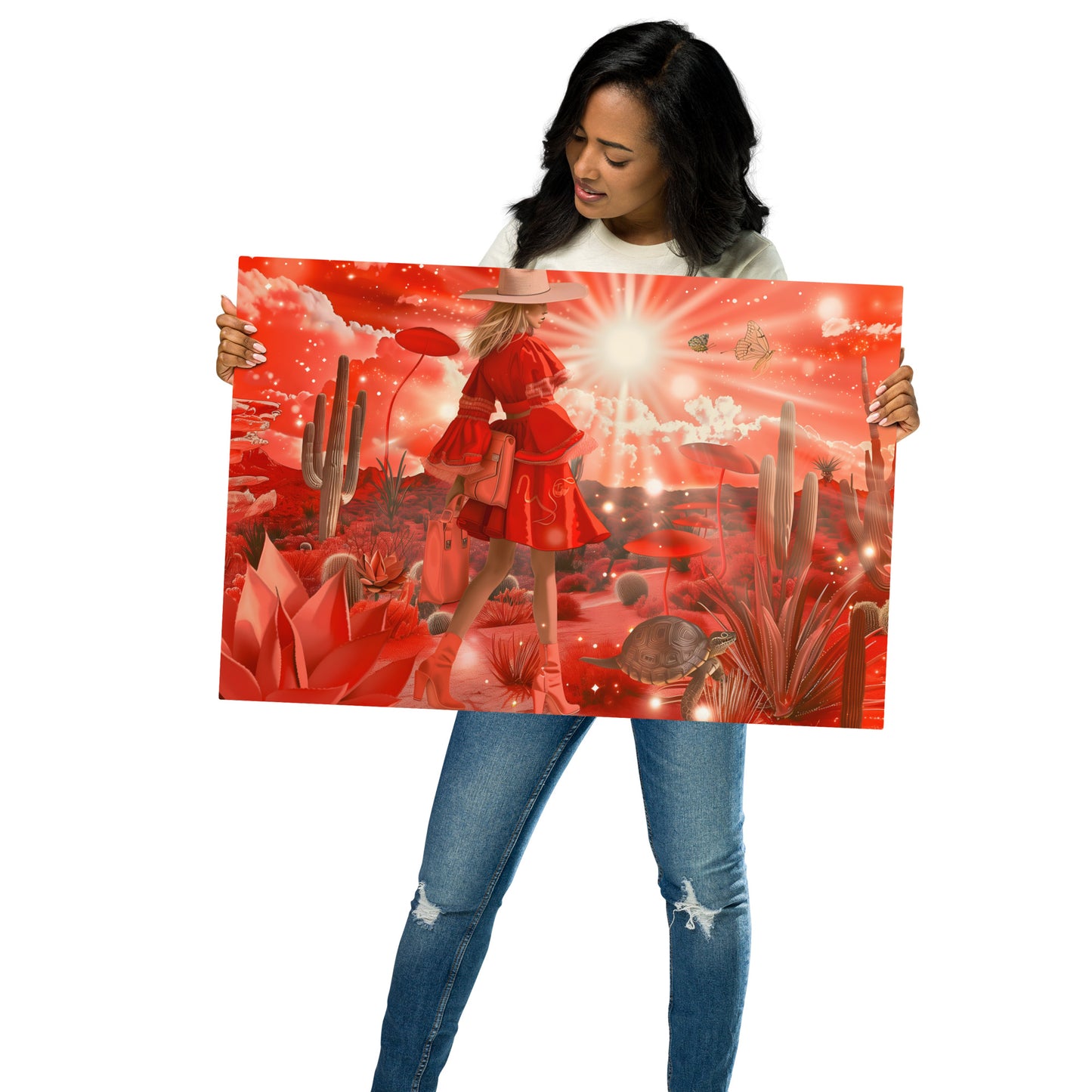 Red Desert Elegance Aluminum Wall Artwork | Fashionable Woman in a Desert Scene | Vibrant Wall Art - HighAZCreations