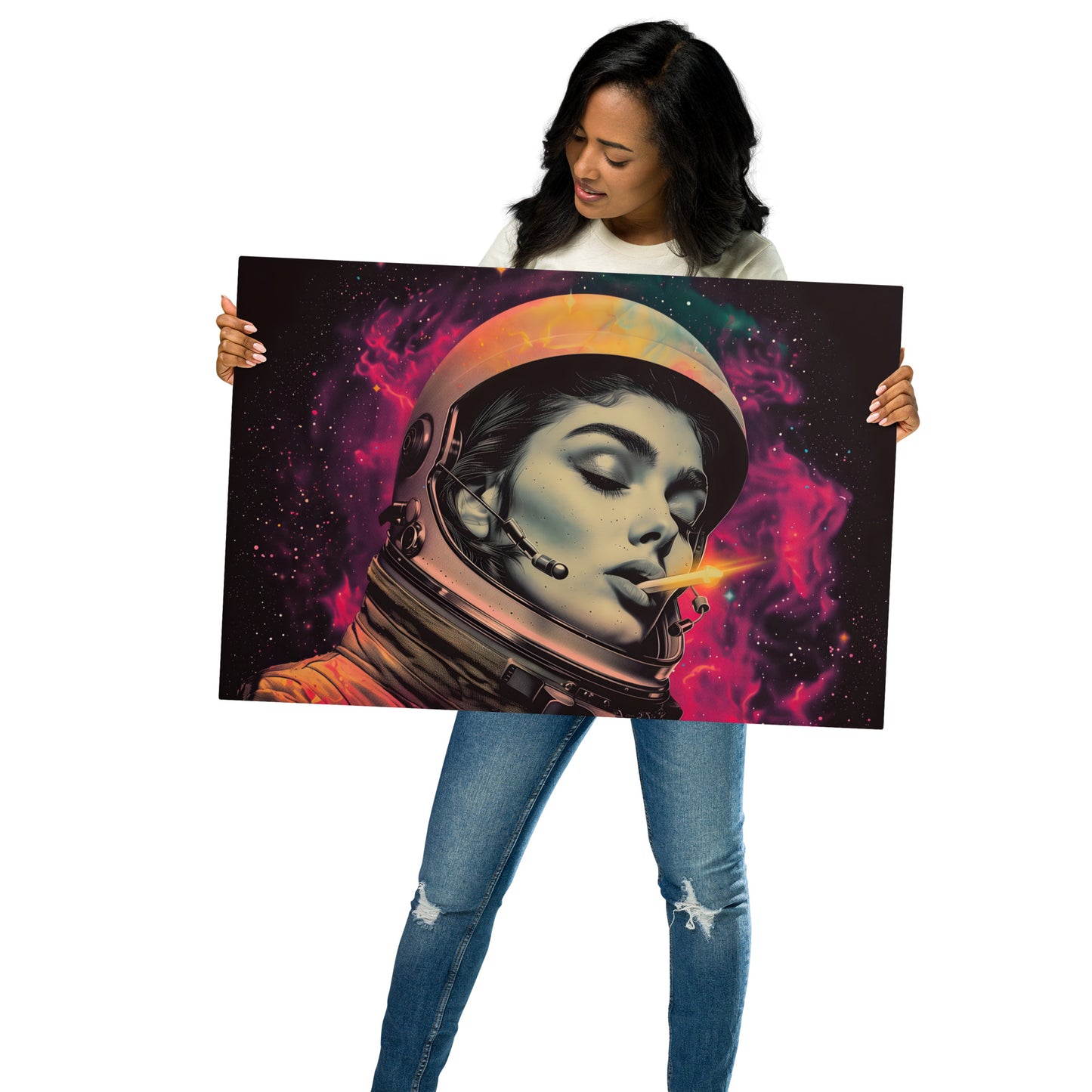 Mystical Female Astronaut Aluminum Wall Art - High-Detail Print for Space and Sci-Fi Enthusiasts - HighAZCreations