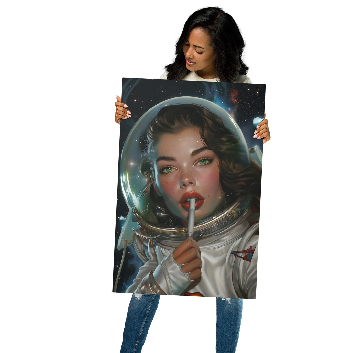 Captivating Female Astronaut Aluminum Wall Art - High-Detail Print for Space Enthusiasts and Modern Decor - HighAZCreations