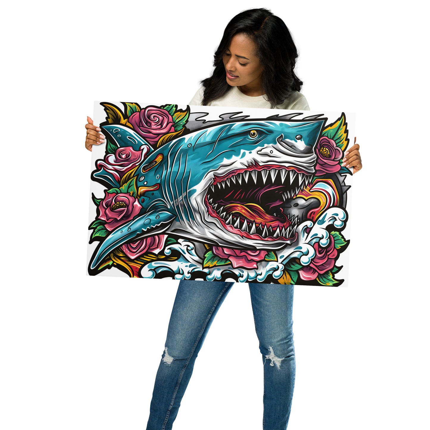 Bold Shark and Roses Aluminum Wall Art - High-Detail Print for Edgy Home and Office Decor - HighAZCreations