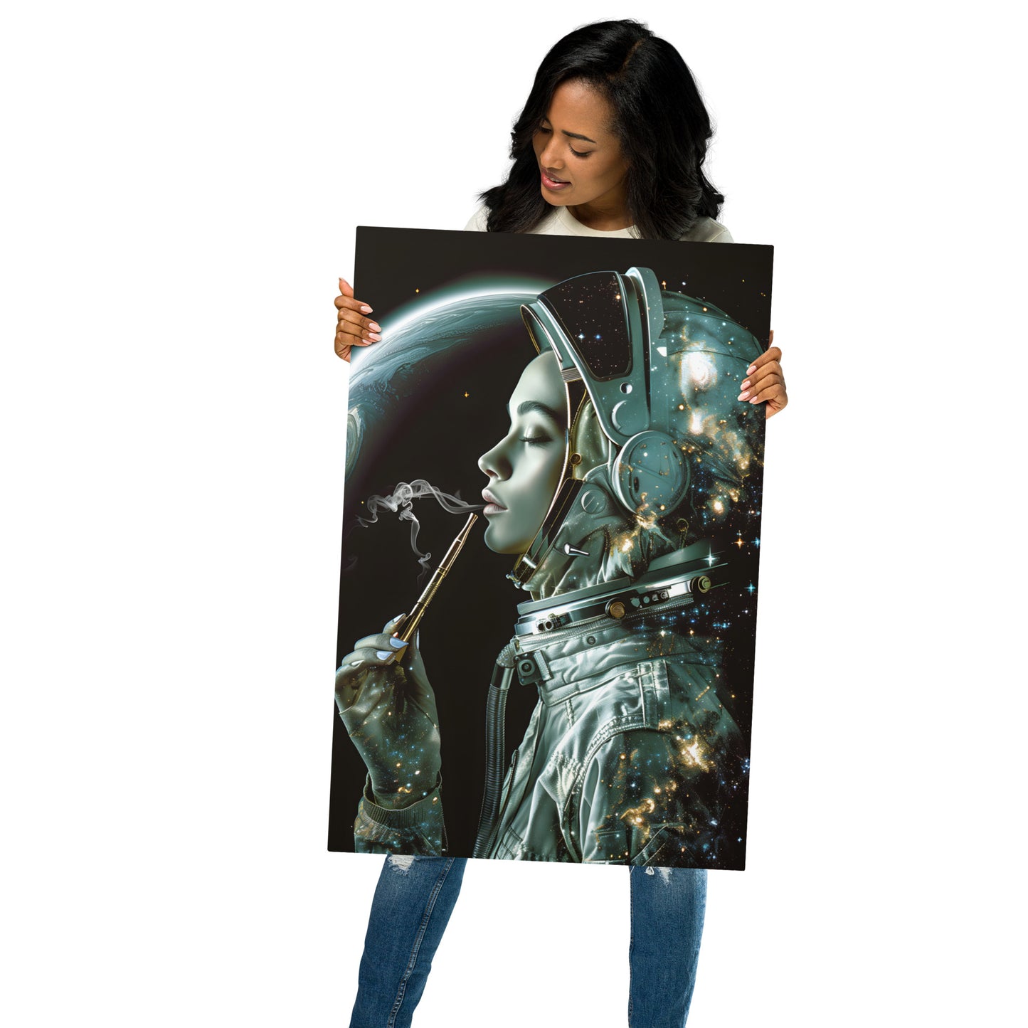 Mystical Female Astronaut Artwork - High-Detail Space Print for Modern Home Decor (Vertical) - HighAZCreations