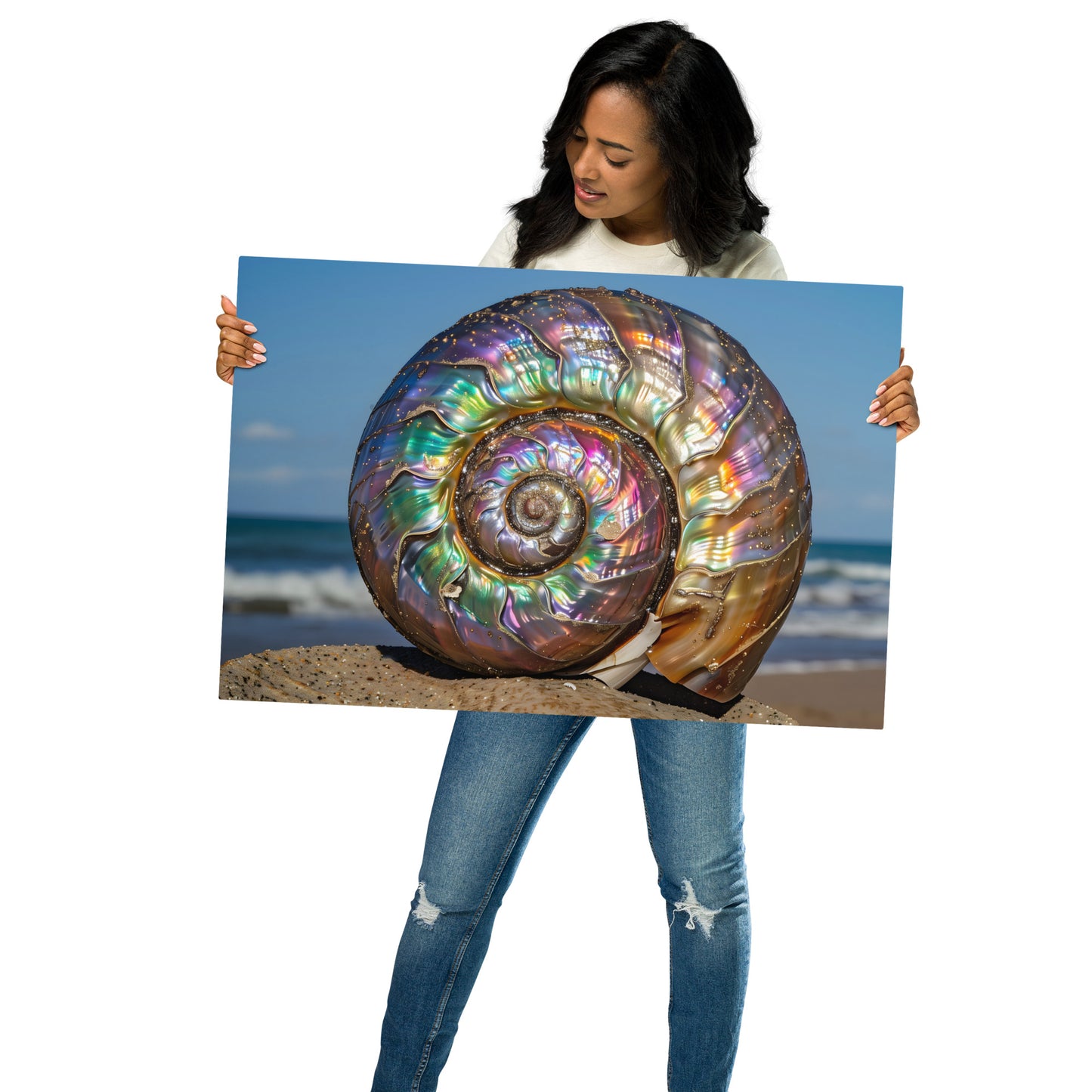 Elegant Rainbow Shell Aluminum Wall Art - Art Nouveau Coastal Decor - HighAZCreations