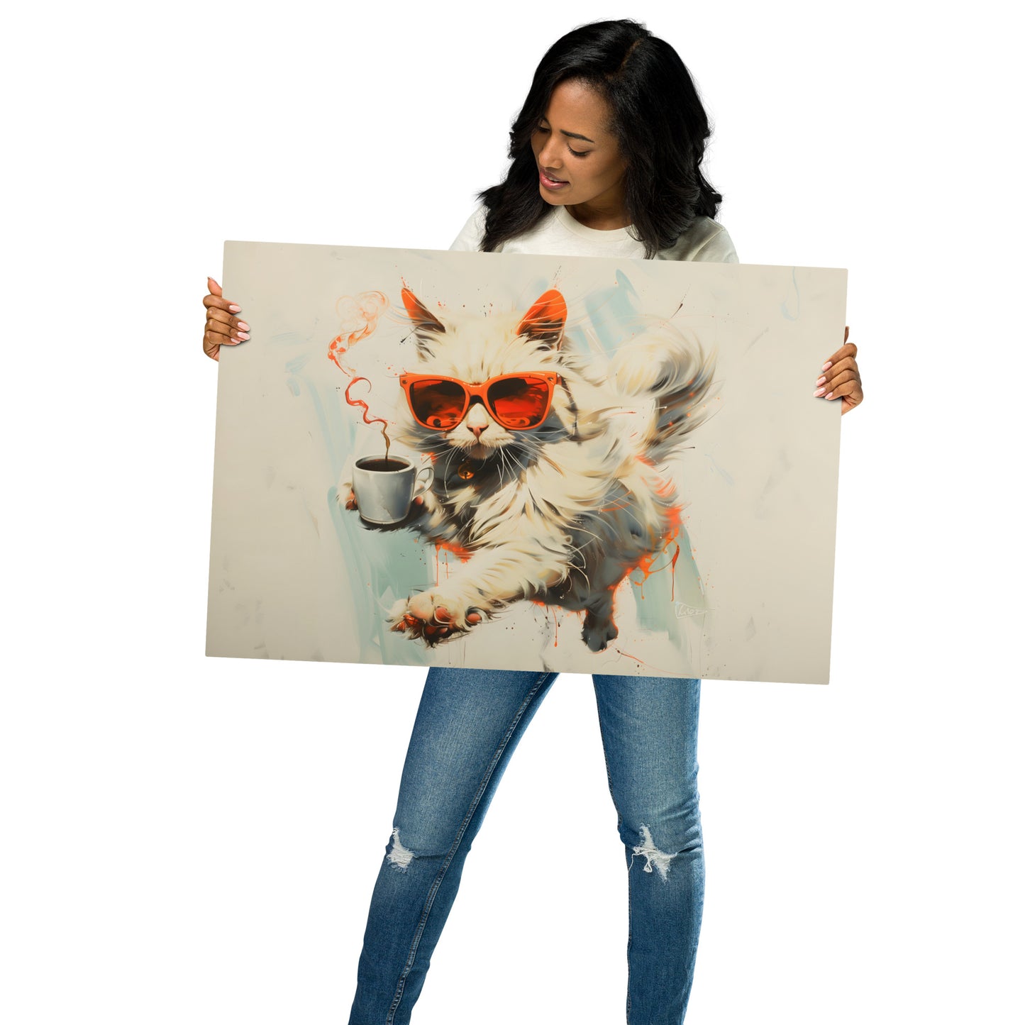 Cool Cat with Coffee Aluminum Metal Wall Art - Funky and Stylish Home Decor - HighAZCreations