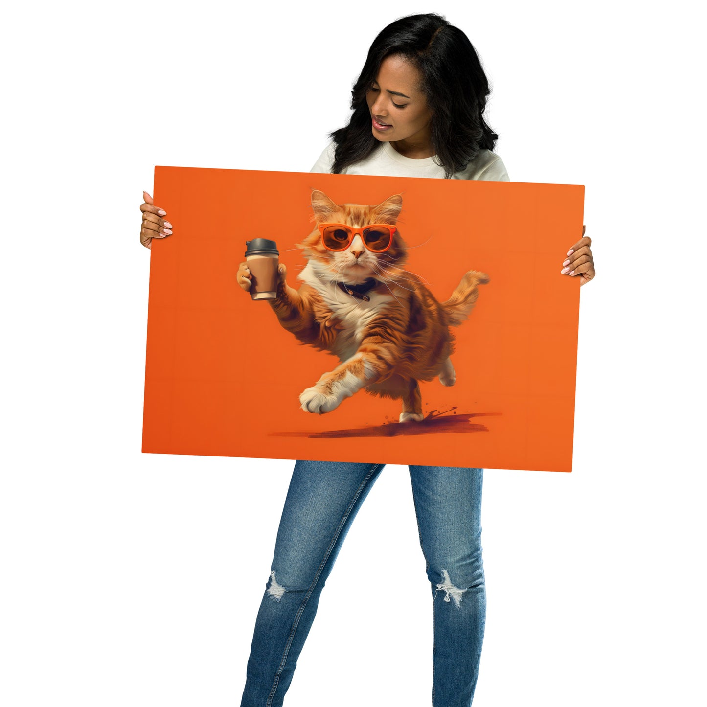 Vibrant Cat in Orange Hoodie Metal Wall Art - Playful and Trendy Decor - HighAZCreations