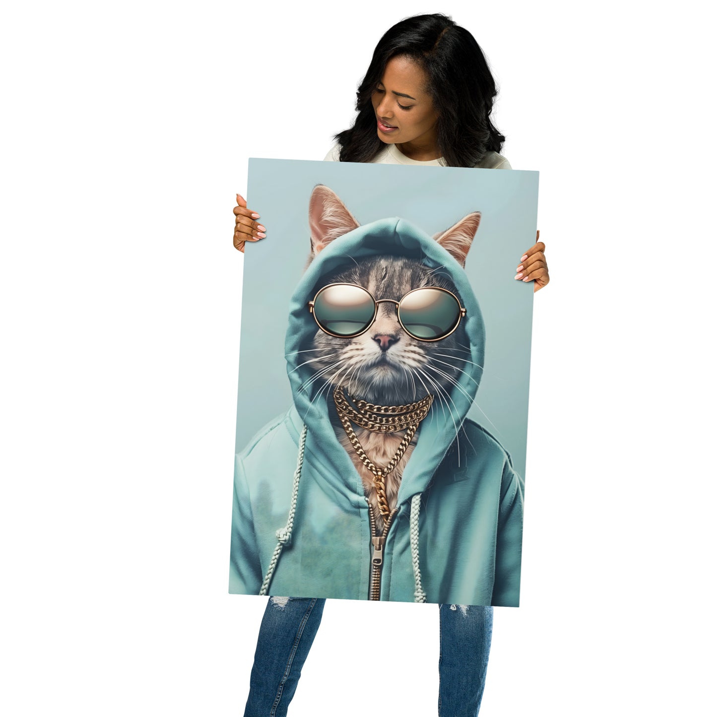 Cat in Hoodie and Chains Metal Wall Art - Trendy Aluminum Decor prints - HighAZCreations