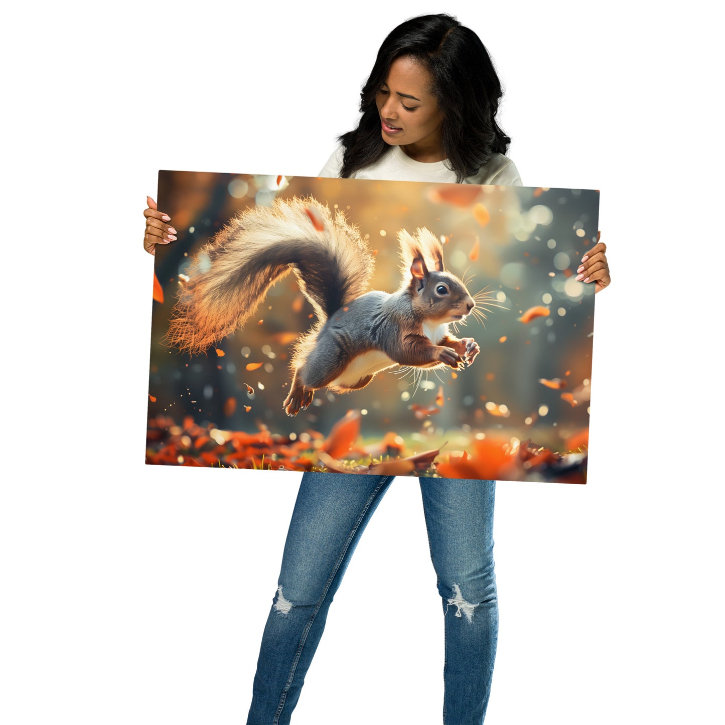 Adorable Squirrel Leaping Through Autumn Leaves Wall Art - HighAZCreations