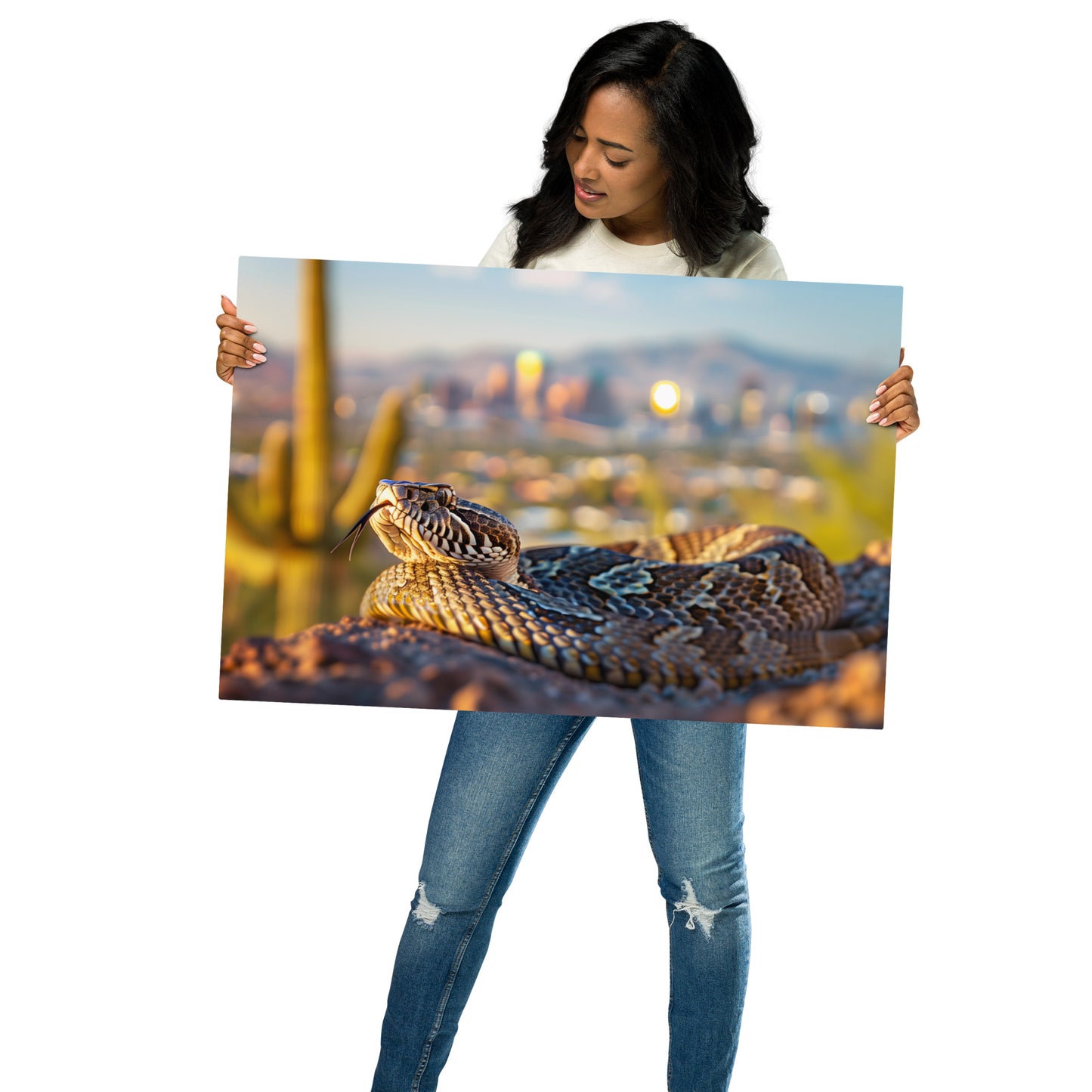 Desert Majesty - Diamondback Rattlesnake with City Backdrop on Aluminum Metal Frame - HighAZCreations