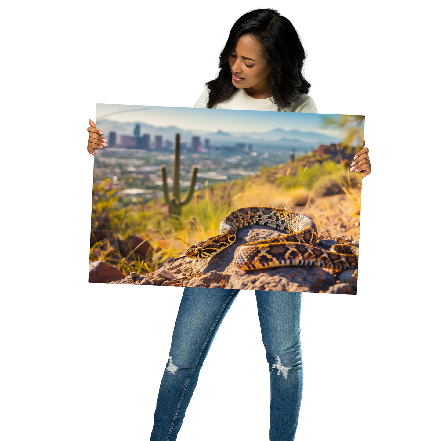 Urban Oasis - Diamondback Rattlesnake and Cityscape on Aluminum Metal Frame - HighAZCreations