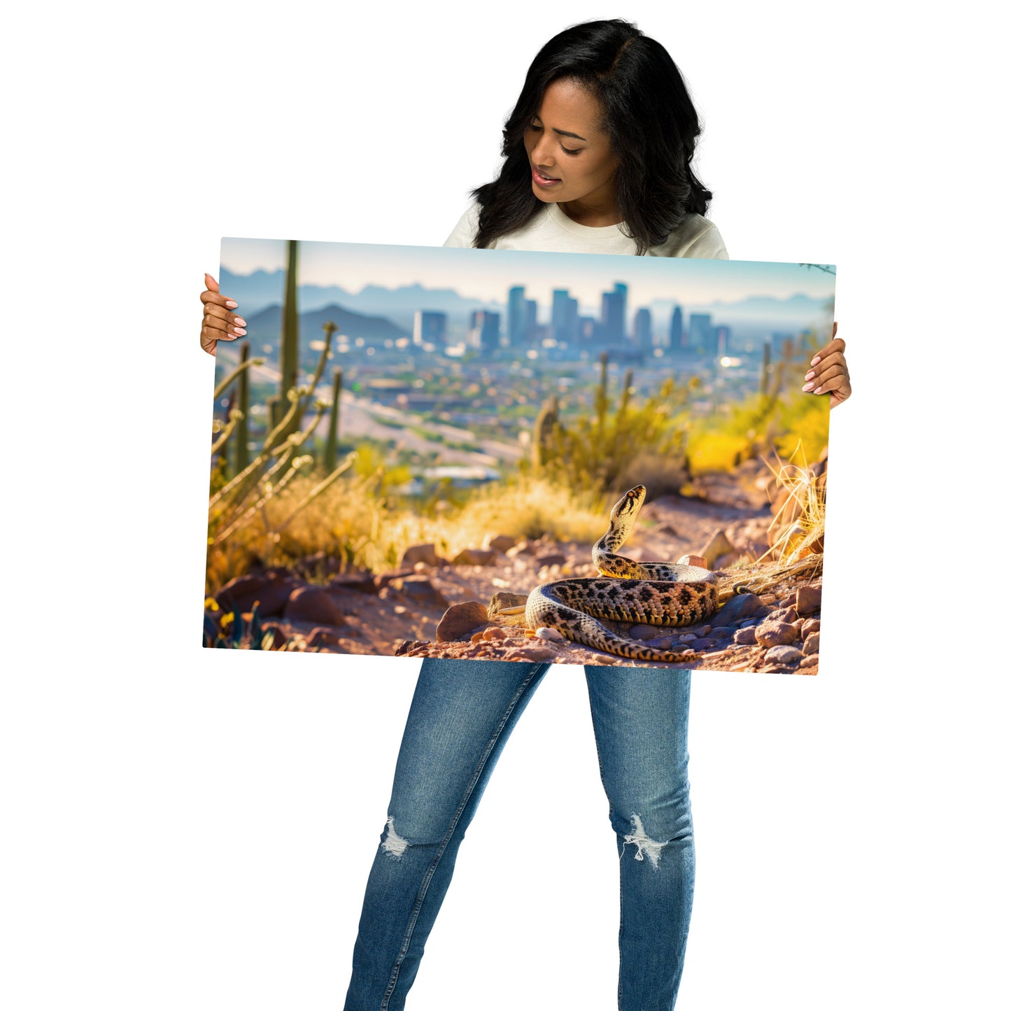Diamondback Rattlesnake with Urban Skyline on Aluminum Metal Frame - HighAZCreations