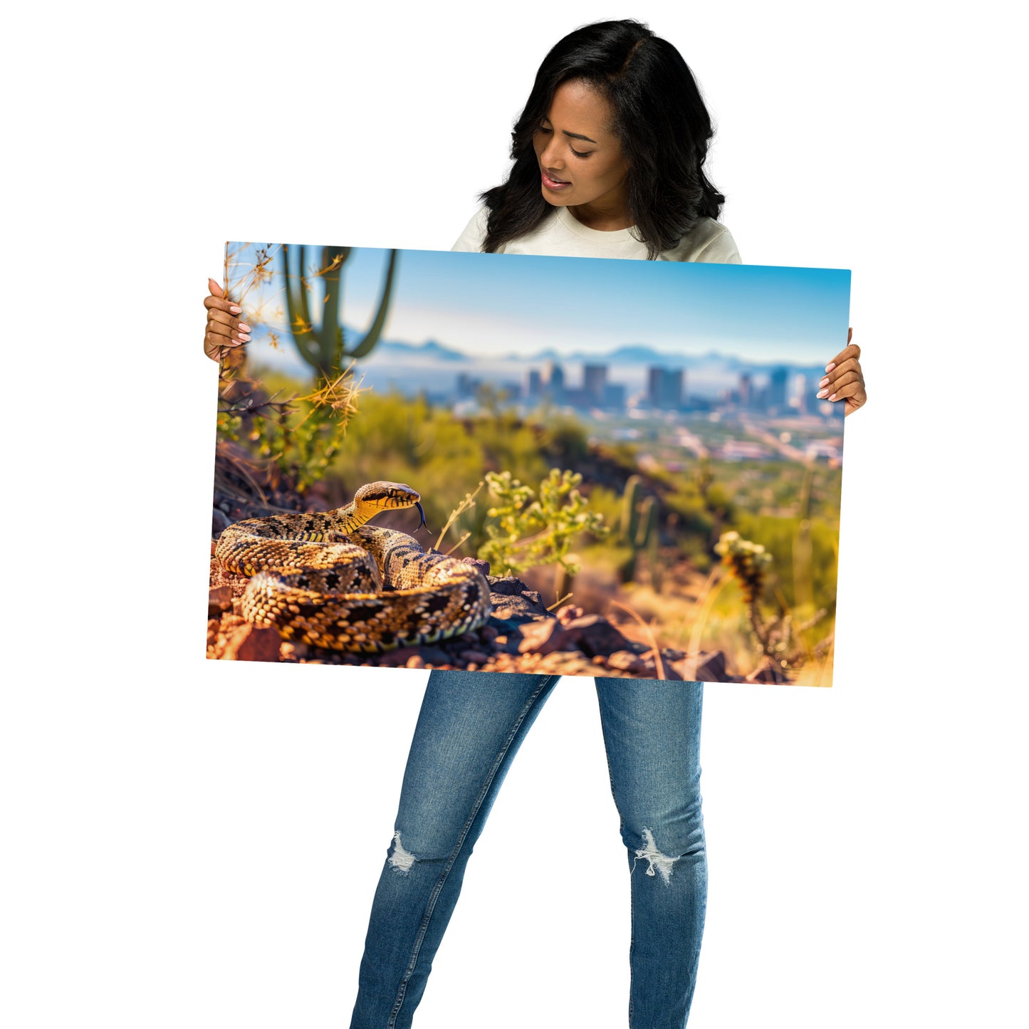 Desert Jewel - Diamondback Rattlesnake with City View on Aluminum Metal Frame - HighAZCreations