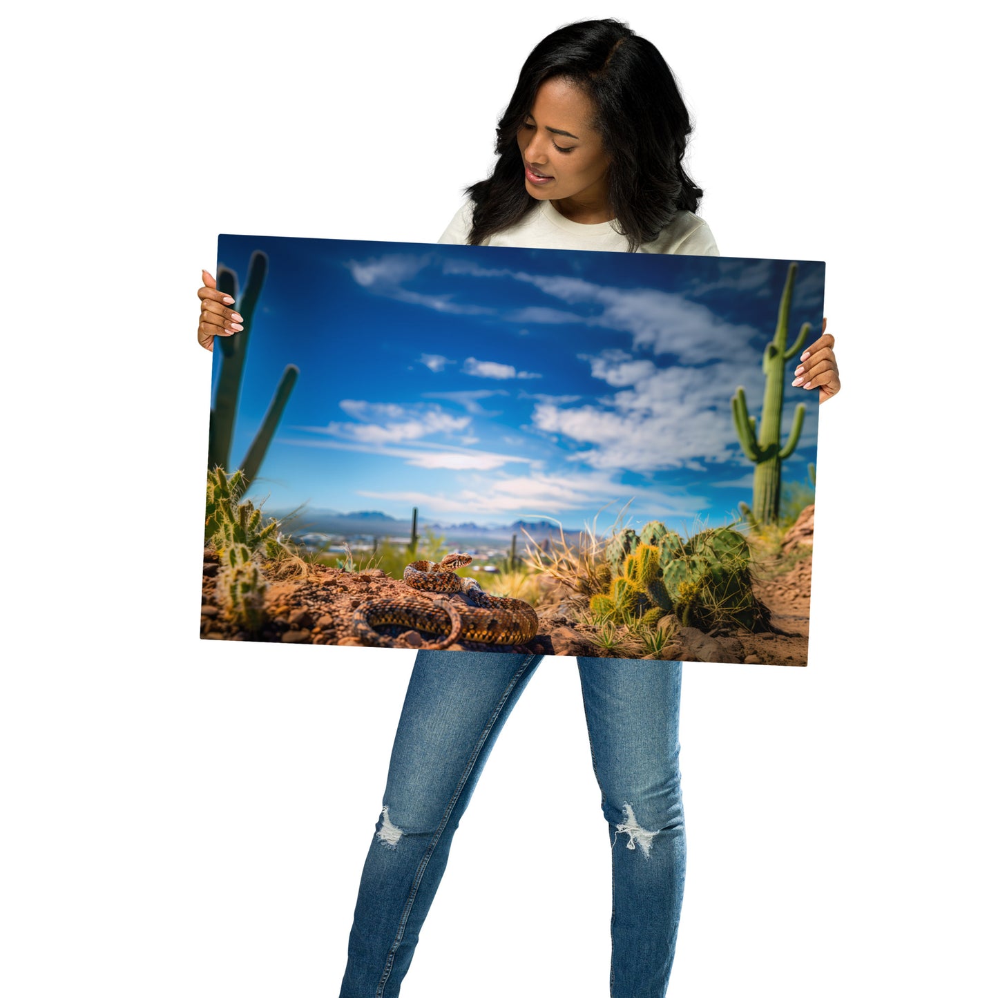 Cityscape Sentinel - Diamondback Rattlesnake and Urban Horizon on Aluminum Metal Frame - HighAZCreations