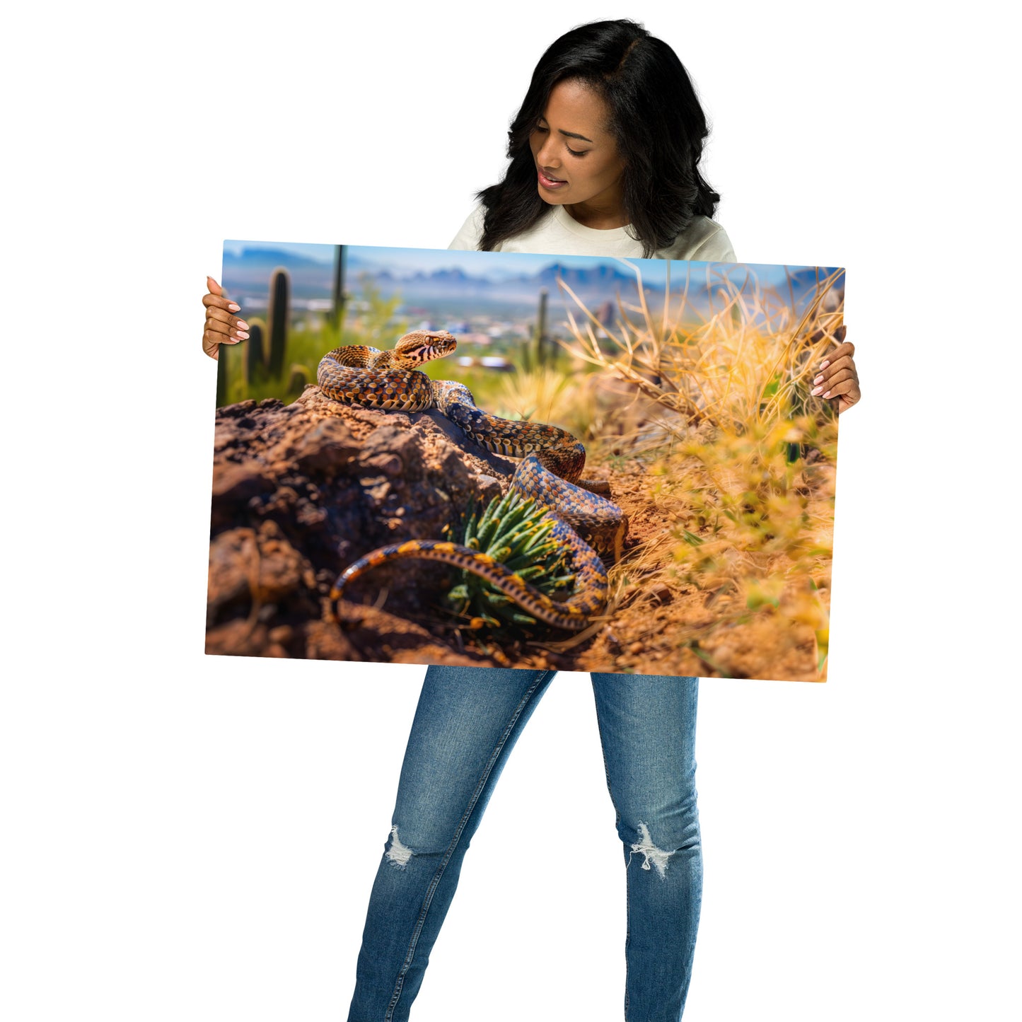 Desert Guardian - Diamondback Rattlesnake Overlooking Cityscape on Aluminum Metal Frame - HighAZCreations