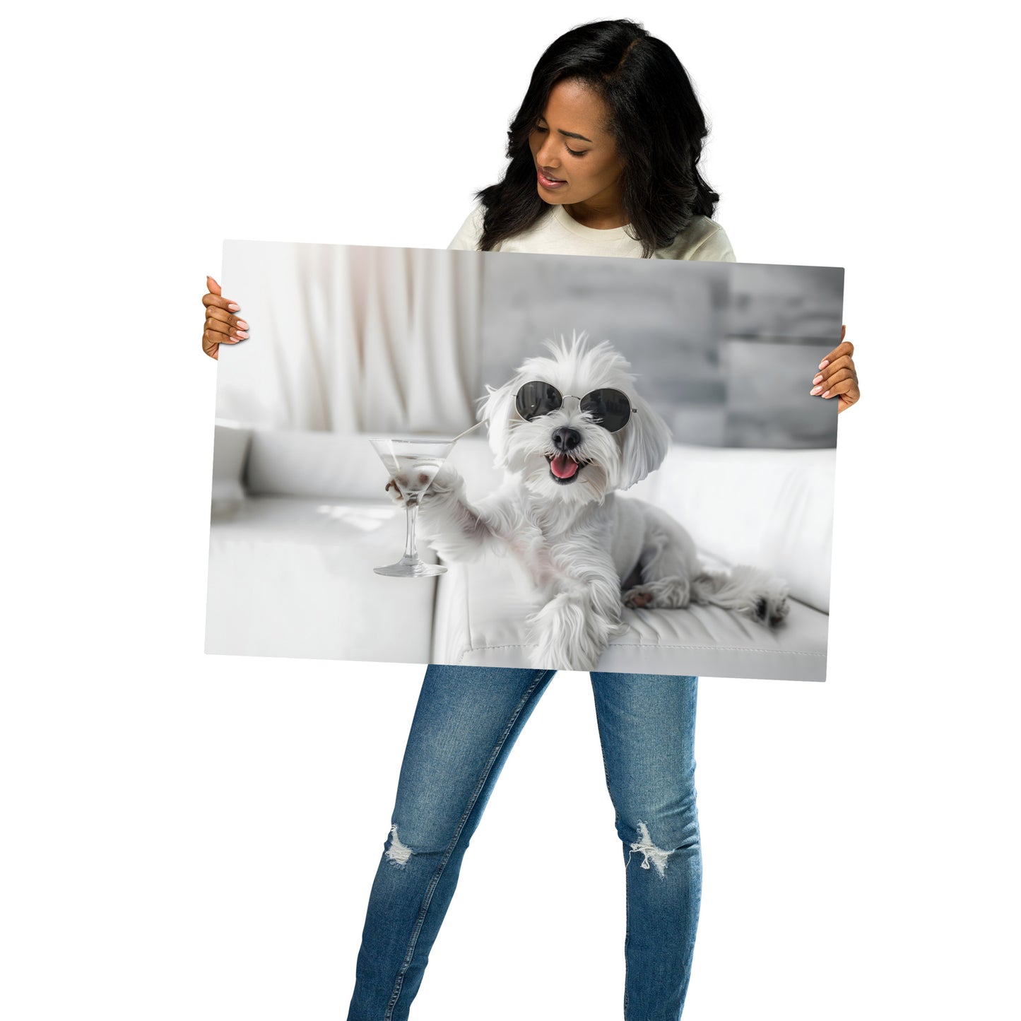 Cocktail Hour - Maltese Dog with Martini on Aluminum Metal Frame - HighAZCreations