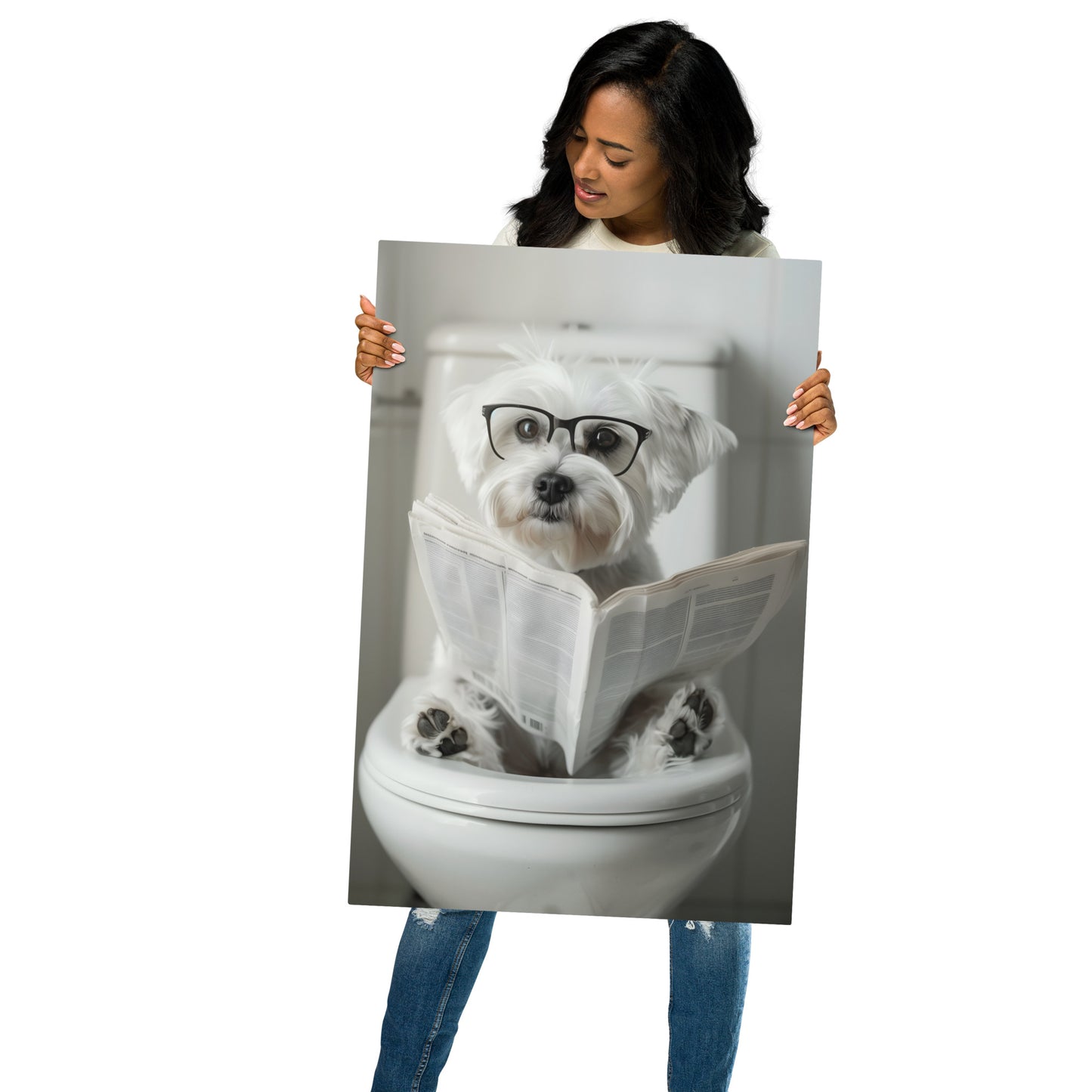 Morning Routine - Maltese Dog with Newspaper on Aluminum Metal Frame - HighAZCreations