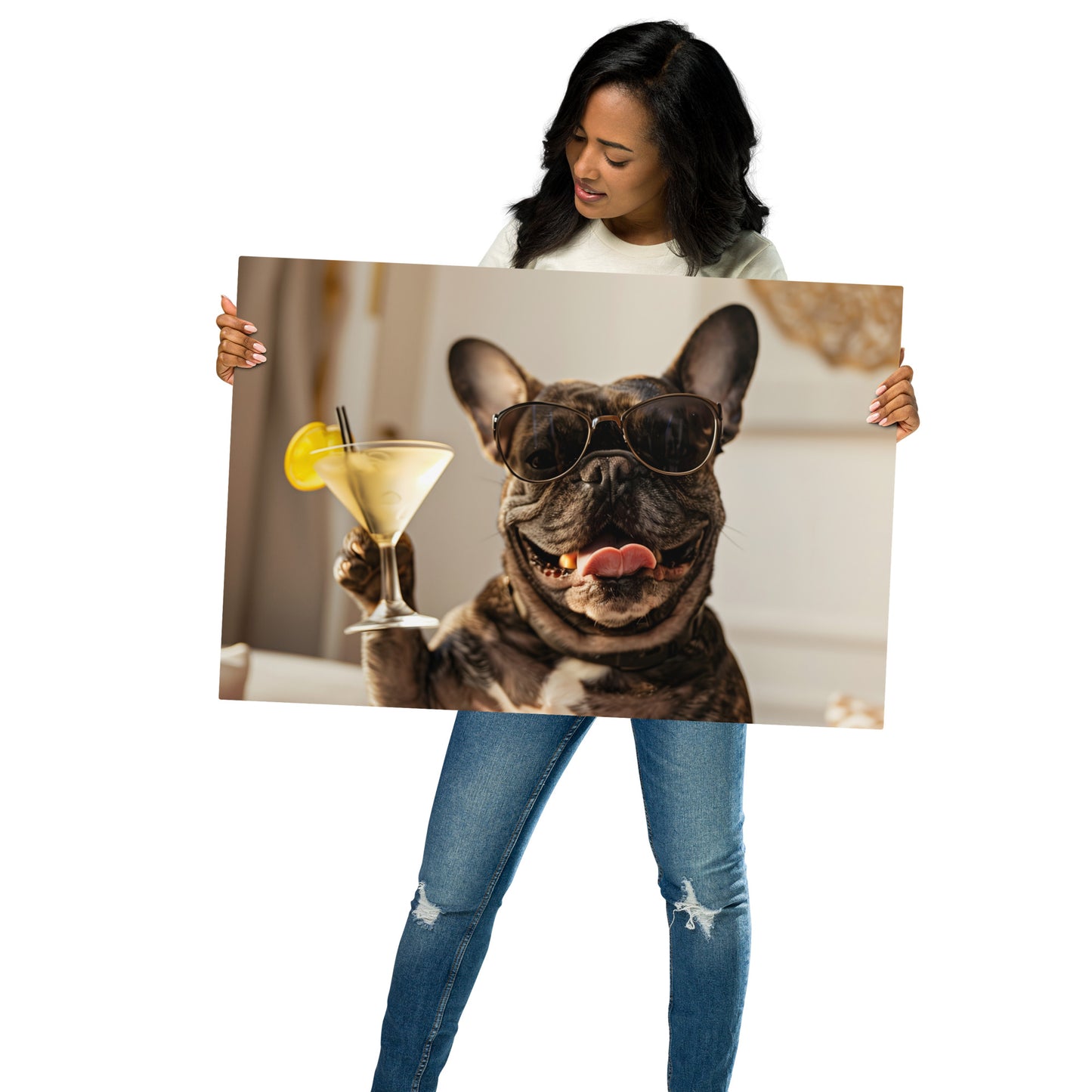 Fun French Bulldog with Martini Metal Wall Art - Quirky Pet Portrait on Aluminum Frame - HighAZCreations