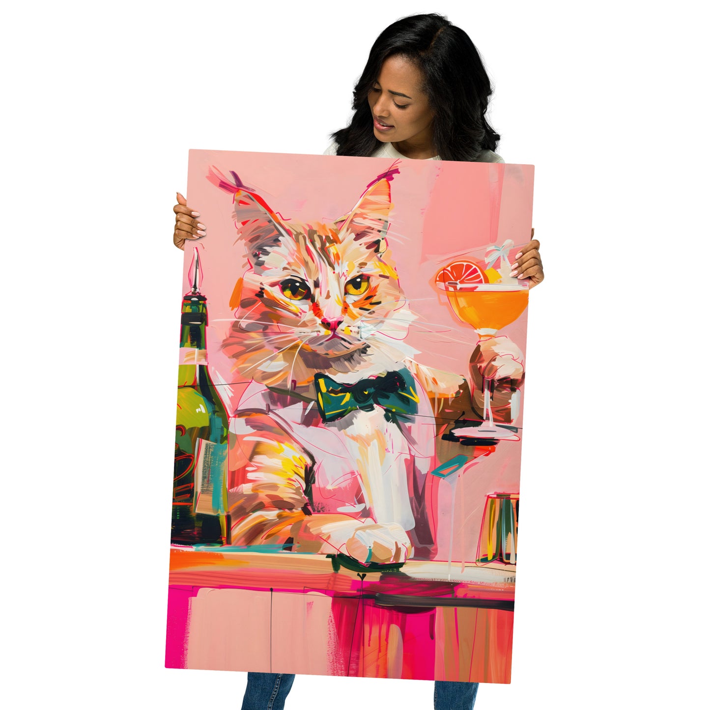 Whimsical Pink Cat Aluminum Wall Art - High-Detail Vibrant Animal Print for Modern Home Decor - HighAZCreations