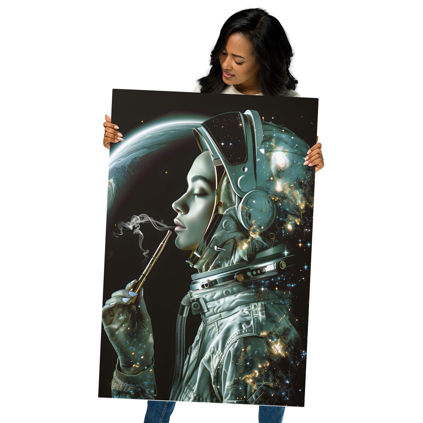 Mystical Female Astronaut Artwork - High-Detail Space Print for Modern Home Decor (Vertical) - HighAZCreations
