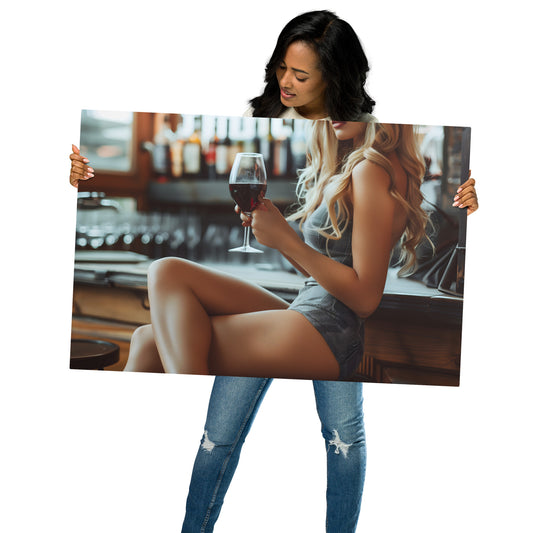 Blonde Business Woman with Wine Metal Art - Elegant Aluminum Wall Decor - HighAZCreations