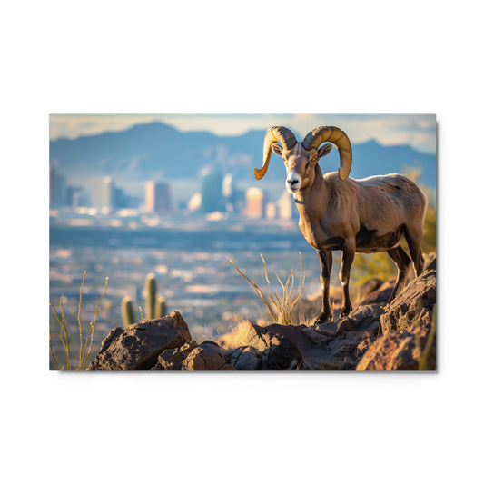 Desert King - Bighorn Sheep with City Skyline Wall Art on Aluminum Frame - HighAZCreations