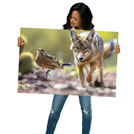 Coyote and Road Runner Chase - Dynamic Wildlife Art on Aluminum Metal Frame - HighAZCreations