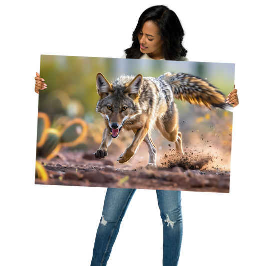 Desert Chase - Coyote in Pursuit on Aluminum Metal Frame - HighAZCreations