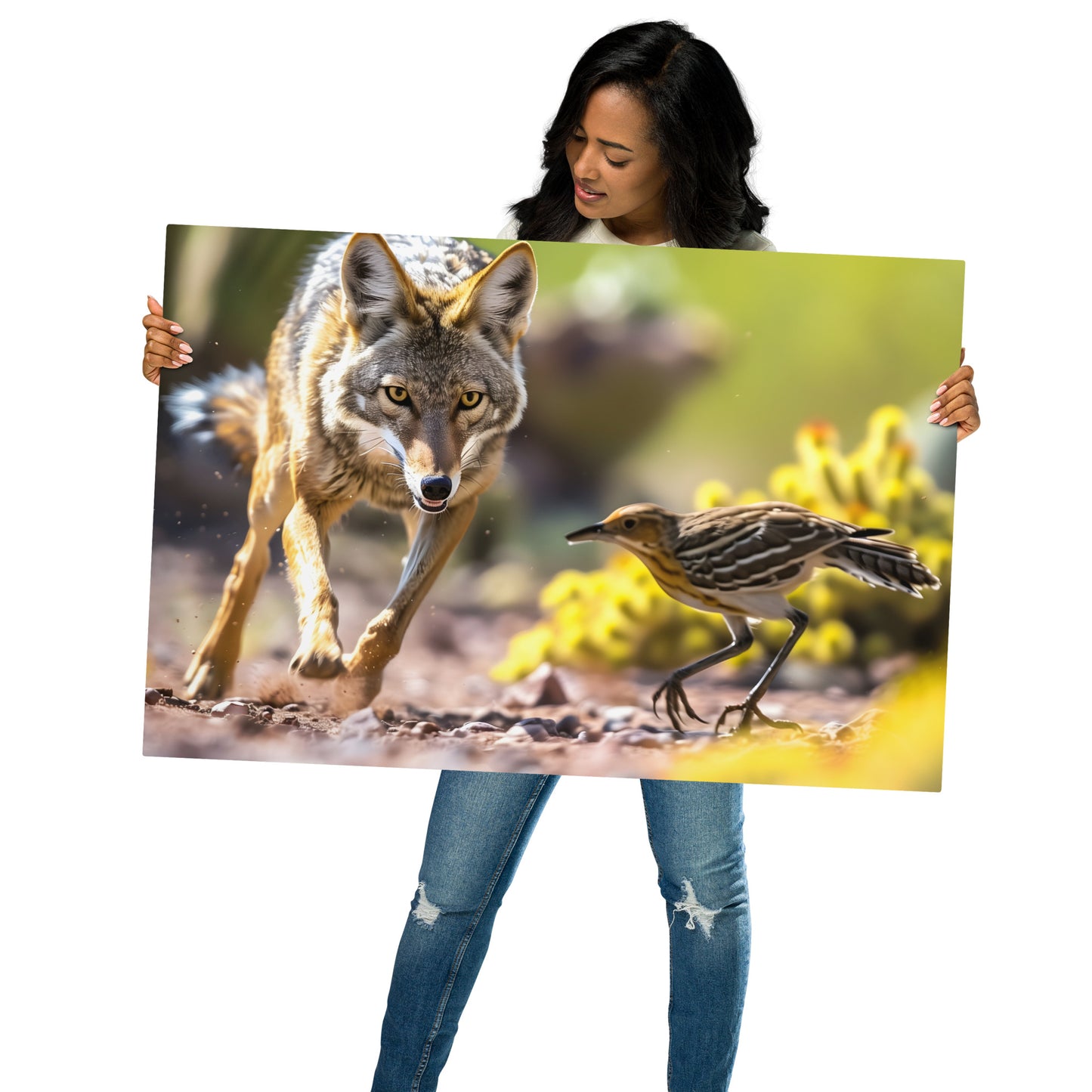 Desert Drama - Coyote Chasing Road Runner on Aluminum Metal Frame - HighAZCreations
