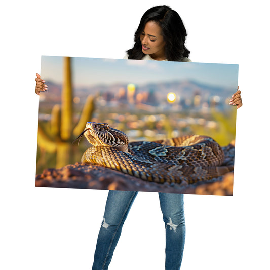 Desert Majesty - Diamondback Rattlesnake with City Backdrop on Aluminum Metal Frame - HighAZCreations