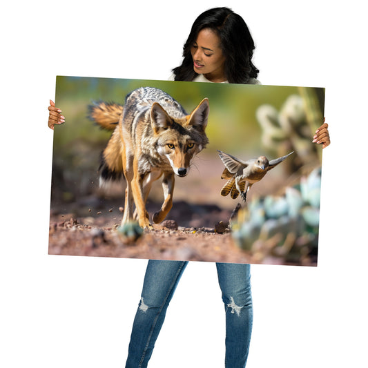 Desert Chase - Coyote and Bird Encounter on Aluminum Metal Frame - HighAZCreations