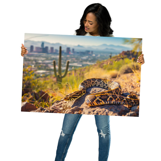 Urban Oasis - Diamondback Rattlesnake and Cityscape on Aluminum Metal Frame - HighAZCreations