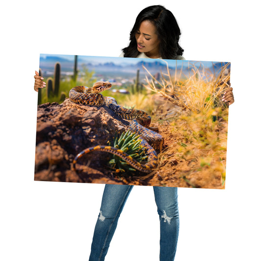 Desert Guardian - Diamondback Rattlesnake Overlooking Cityscape on Aluminum Metal Frame - HighAZCreations