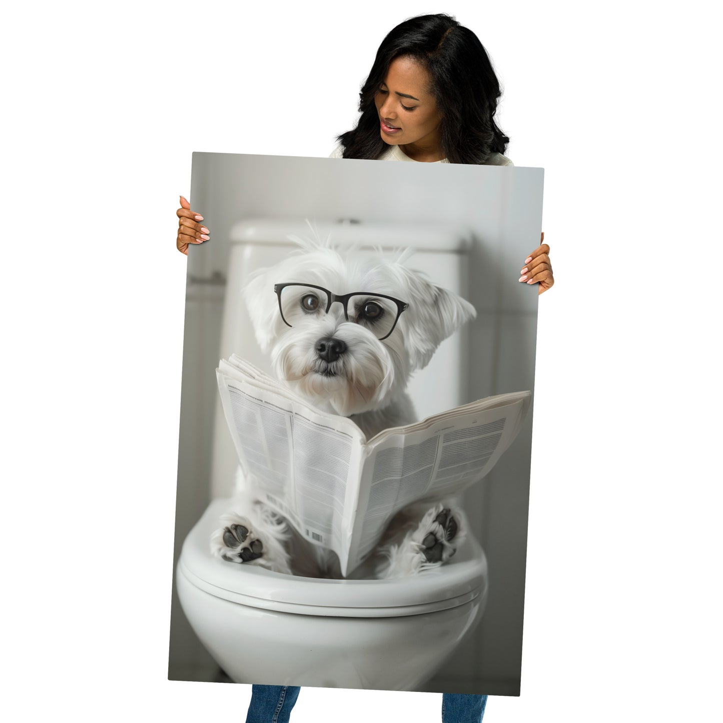 Morning Routine - Maltese Dog with Newspaper on Aluminum Metal Frame - HighAZCreations