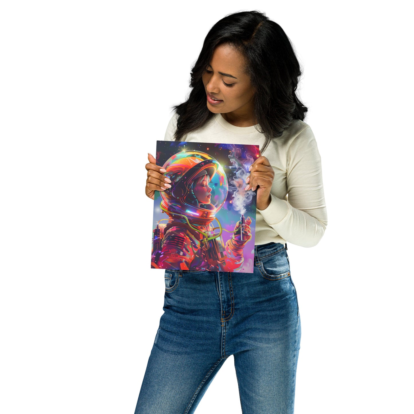 Vibrant Female Astronaut Aluminum Wall Art - High-Detail Cosmic Print for Space Enthusiasts - HighAZCreations