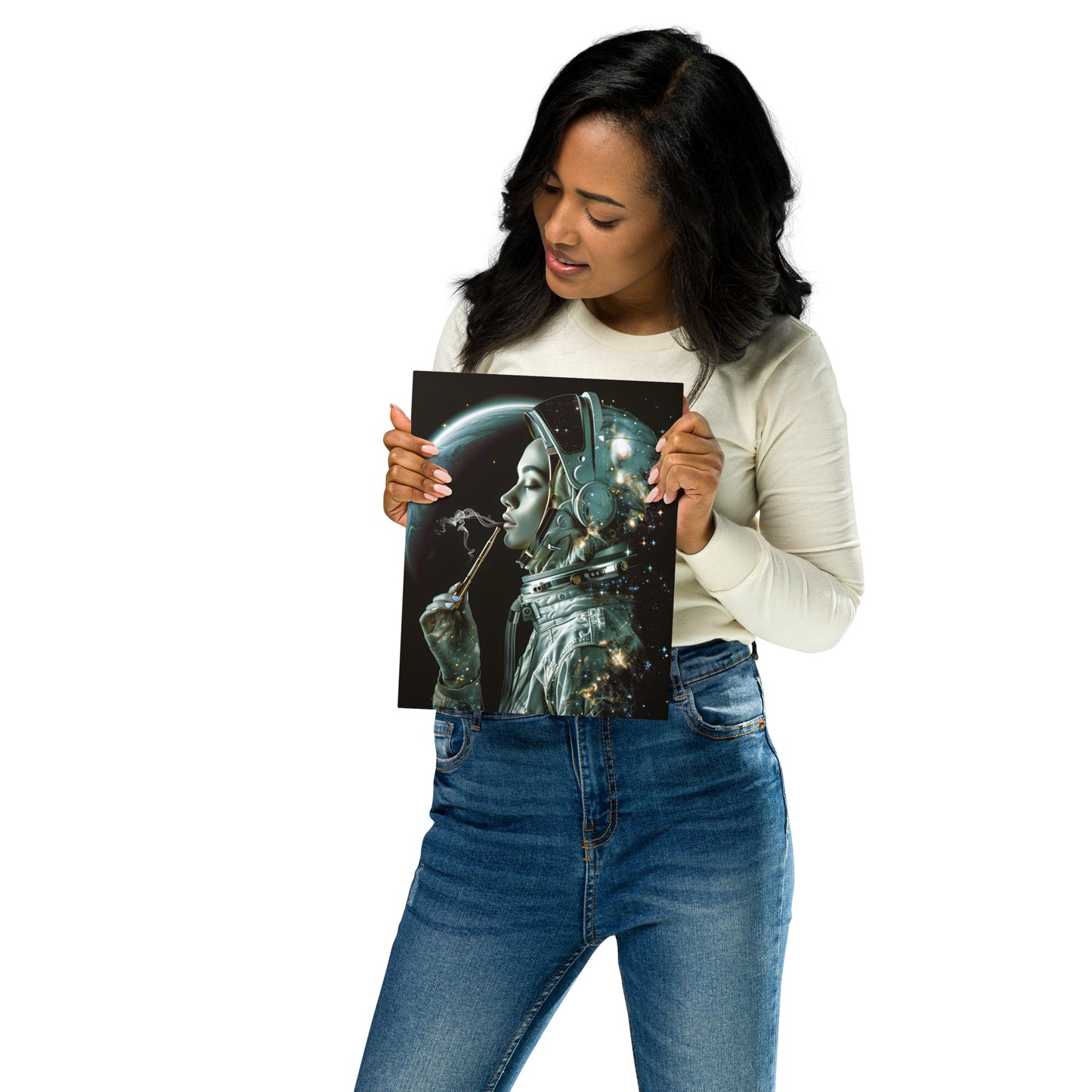 Mystical Female Astronaut Artwork - High-Detail Space Print for Modern Home Decor (Vertical) - HighAZCreations